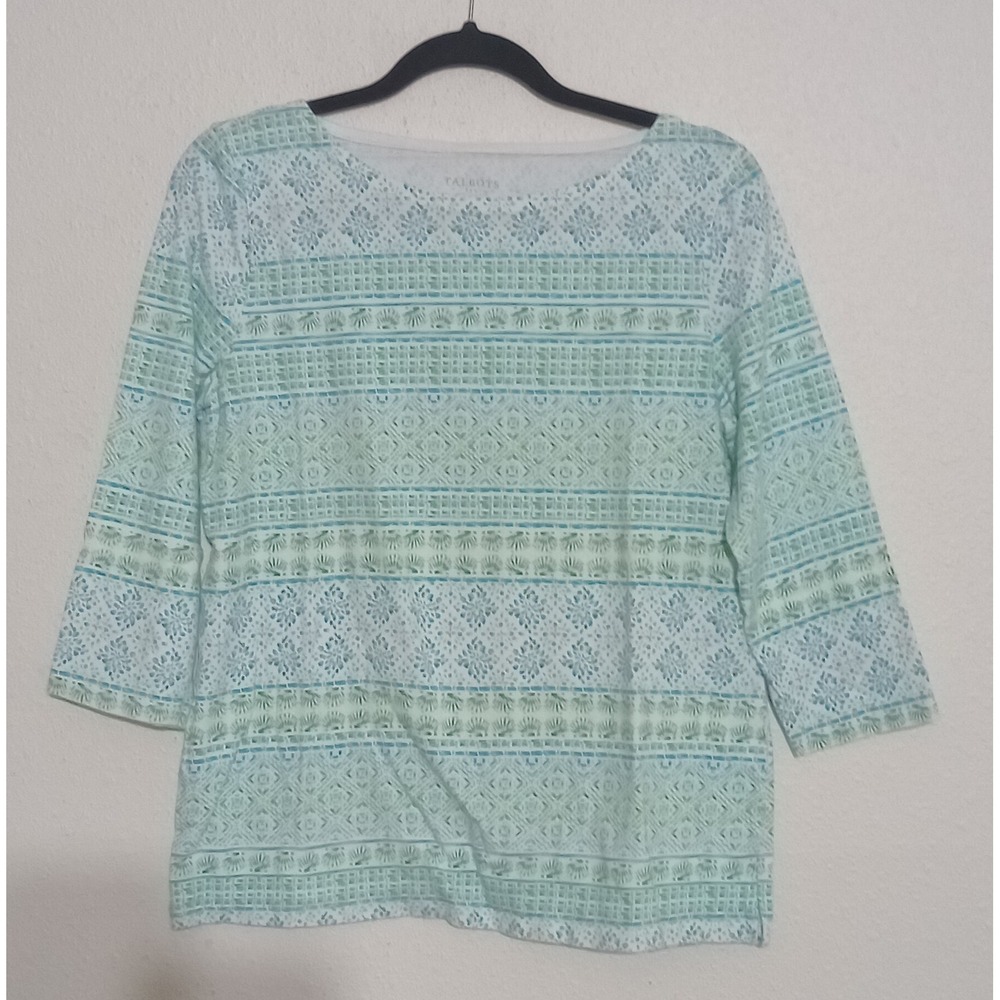 Talbots Womens Large Blue Green Geometric Shell Print 3/4 Sleeve Boat Neck Top